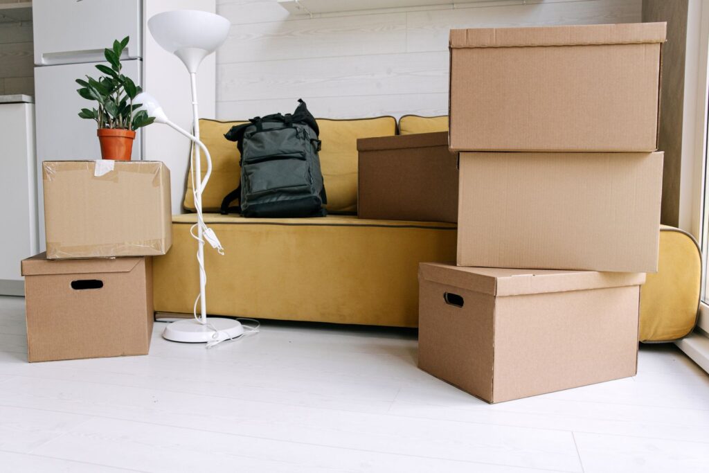 Cardboard moving boxes stacked in front of a sofa